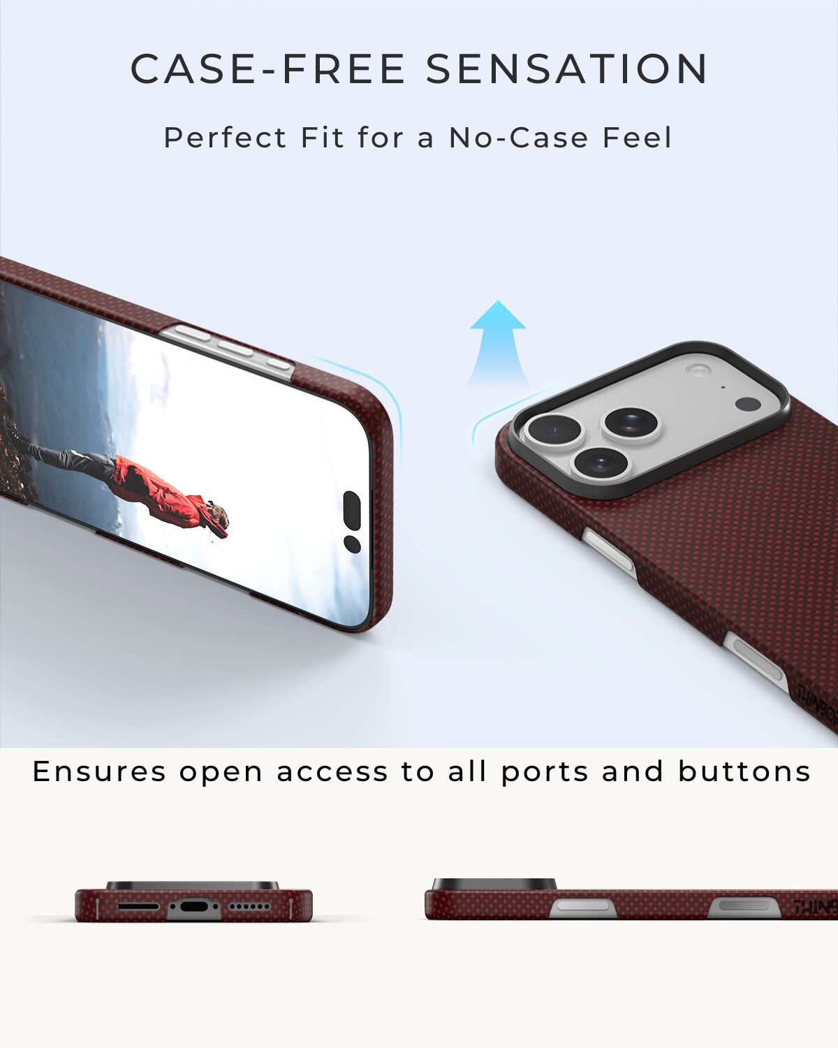 showing iphone 17 pro max case's cutout for buttons, and ports .