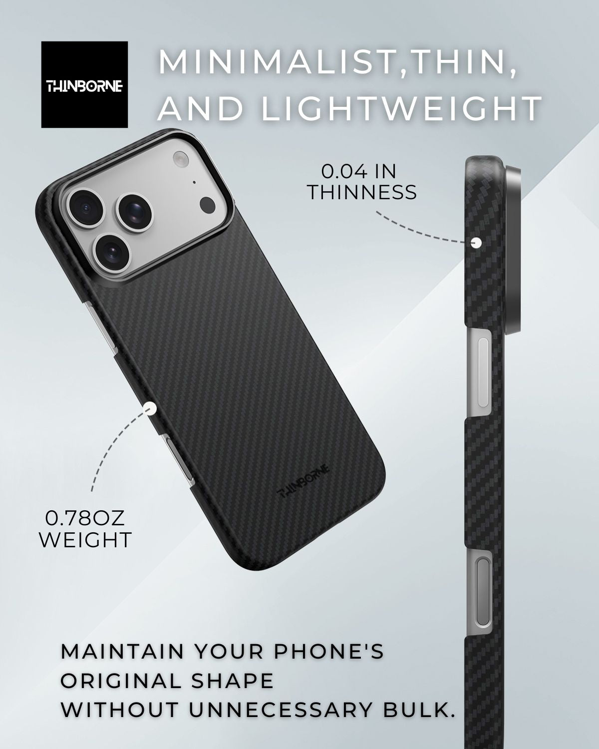 Thinborne iPhone 17 Pro Max case, ultra-thin 0.04-inch design and lightweight at 0.78 oz, preserving the phone’s original shape without bulk.