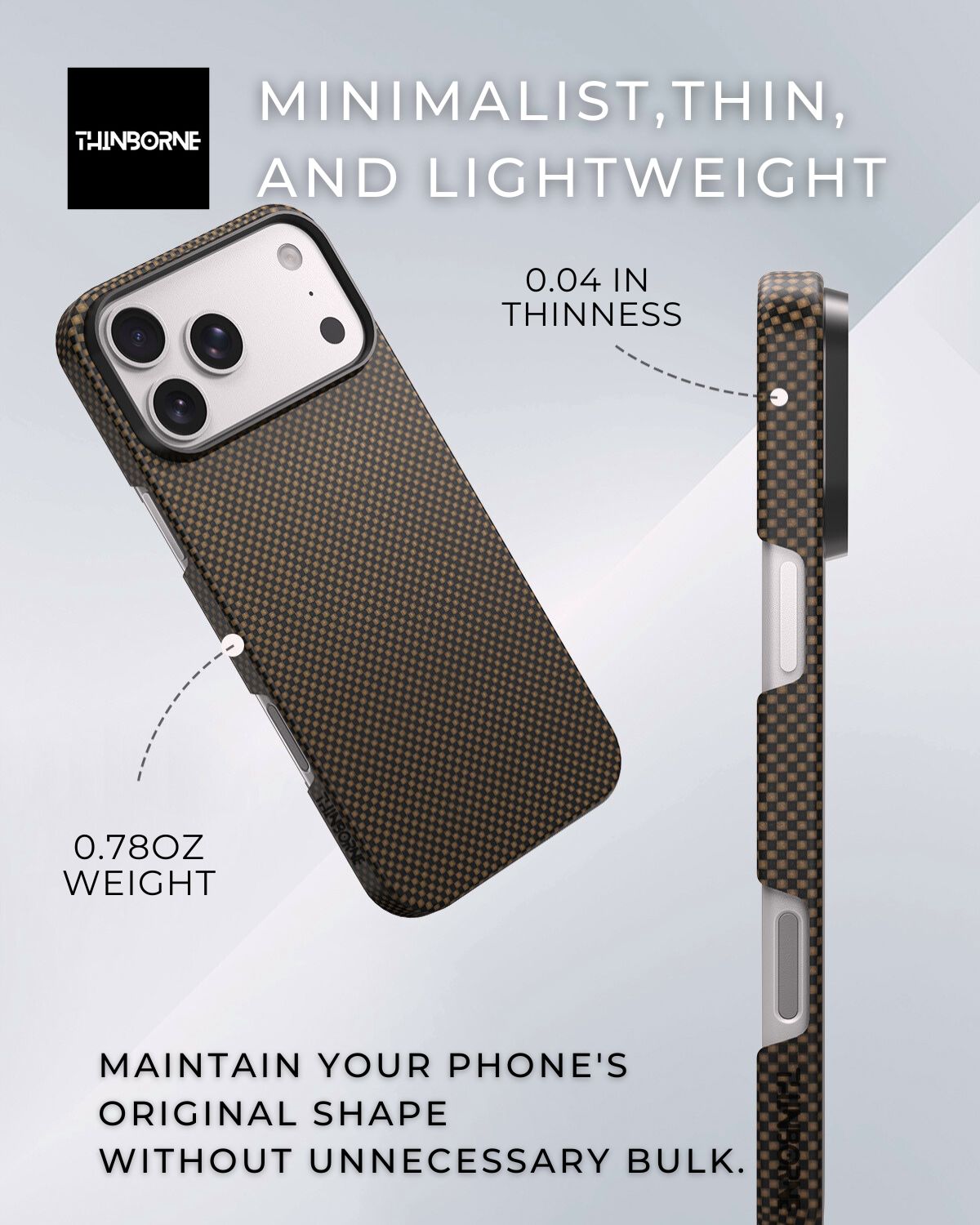Thin iphone 17 pro max phone case with text highlighting its thinness, weight, and design features on a light gray background.