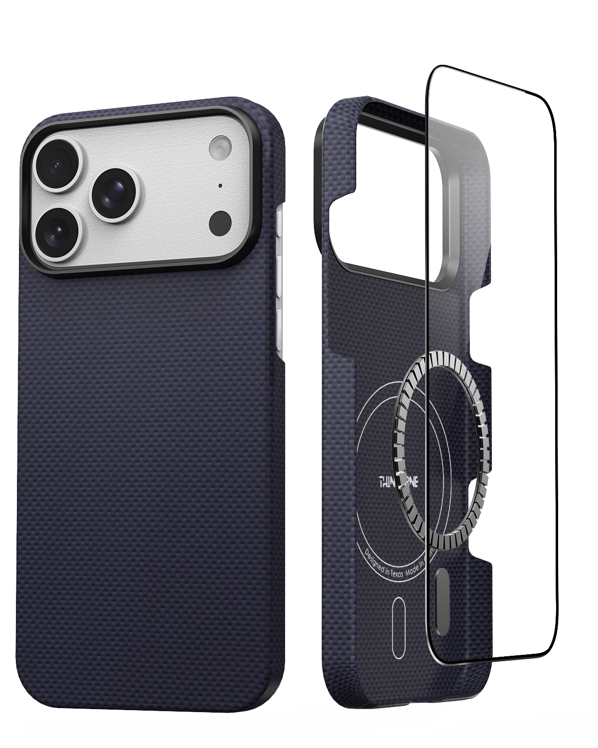 front and back view of iphone 17 pro max navy case with tempered glass screen protecctor