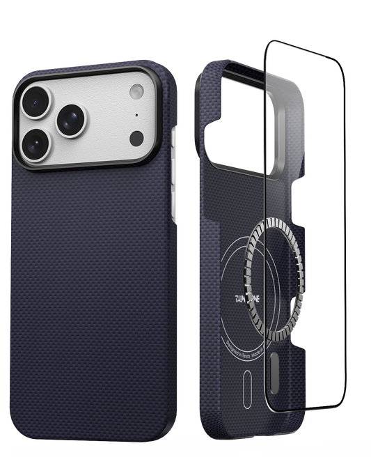 front and back view of iphone 17 pro max navy case with tempered glass screen protecctor