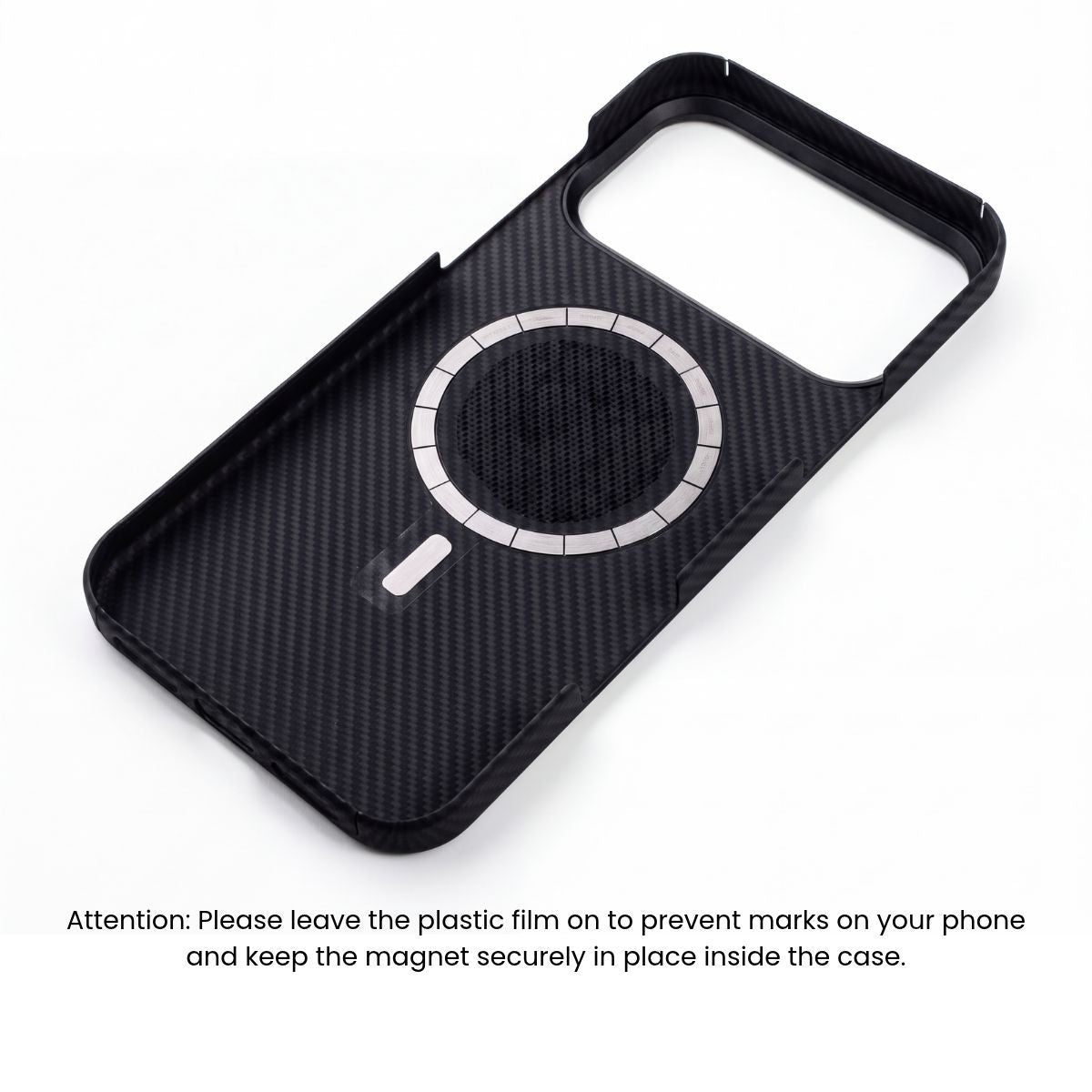 iPhone 18 Pro in Thinborne aramid fiber case attached to a MagSafe charging stand, showing magnetic compatibility and ultra-thin design