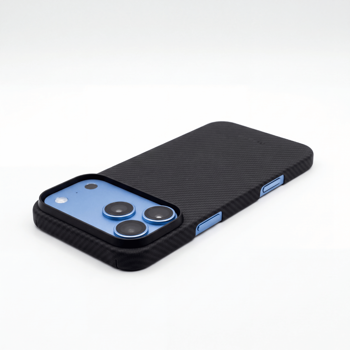     iPhone 18 Pro Max in a Thinborne premium aramid fiber case shown from an angled rear view, highlighting the carbon fiber weave, raised camera protection, and slim minimalist design