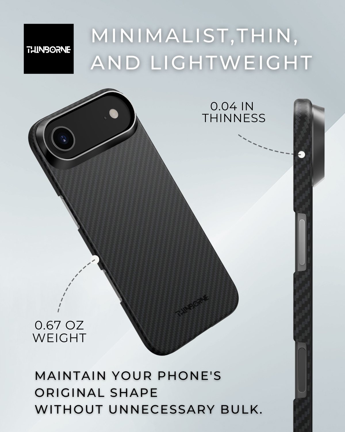 Thinborne iPhone Air case, ultra-thin 0.04-inch design and lightweight at 0.67 oz, preserving the phone’s original shape without bulk.