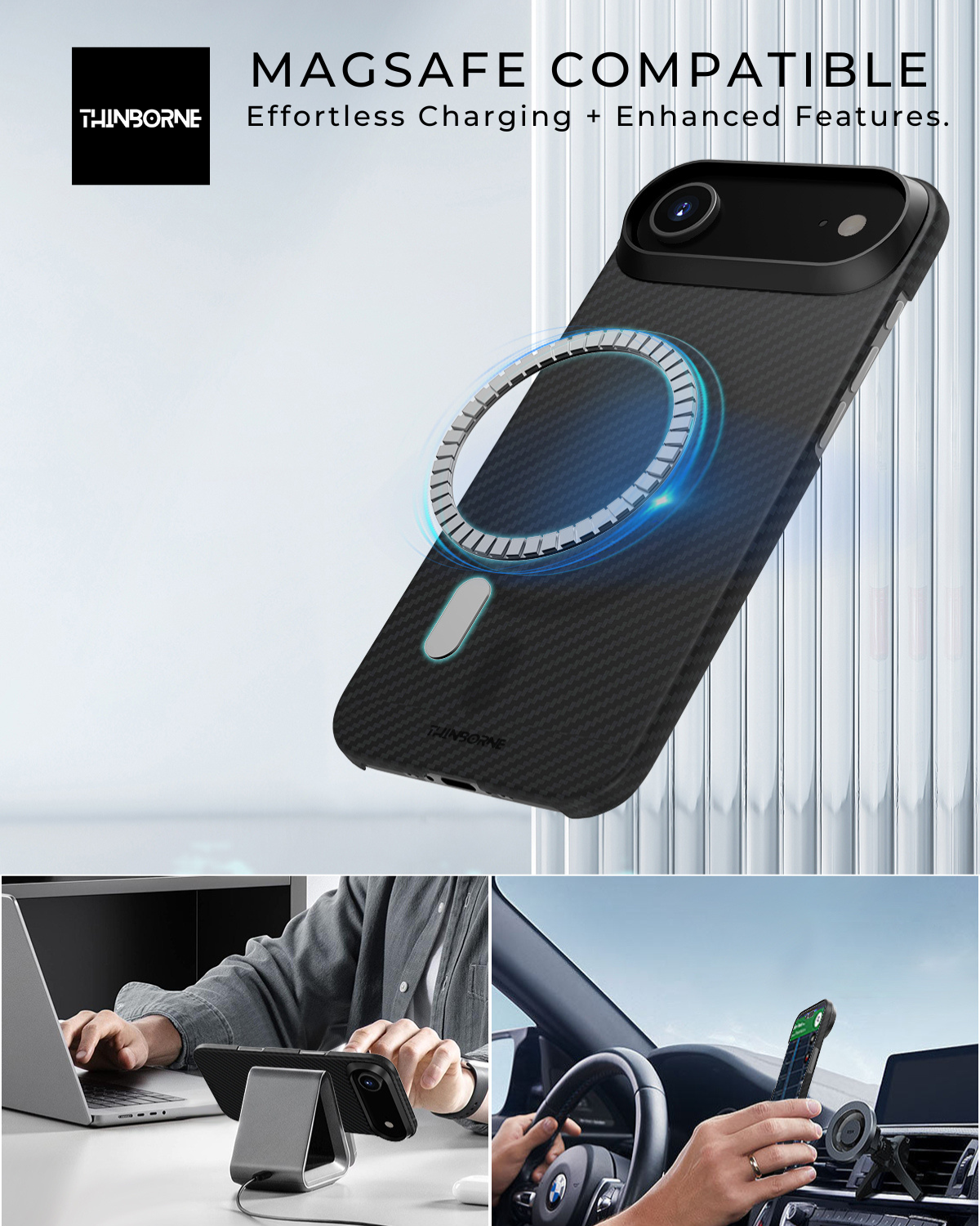 Thinborne iPhone Air case with built-in MagSafe compatibility for effortless charging and secure magnetic attachment in car and desk mounts.