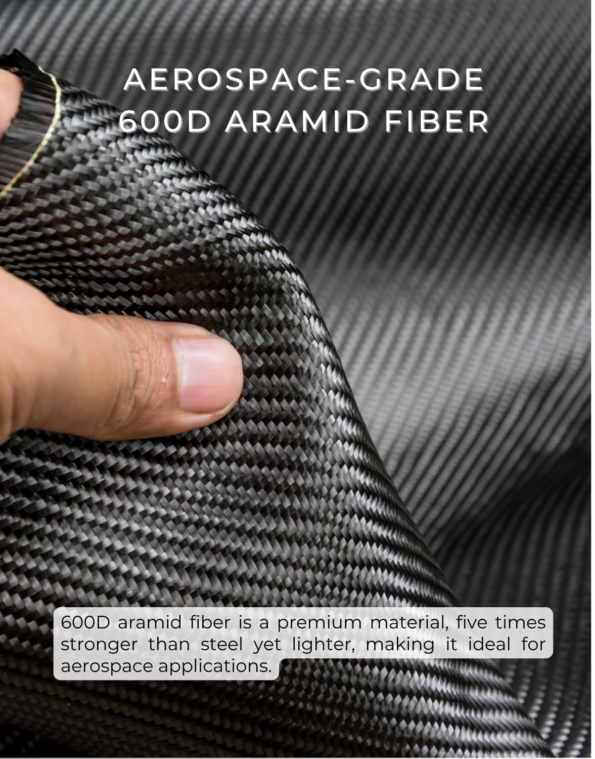 Close-up of aerospace-grade 600D aramid fiber material, lightweight yet five times stronger than steel.