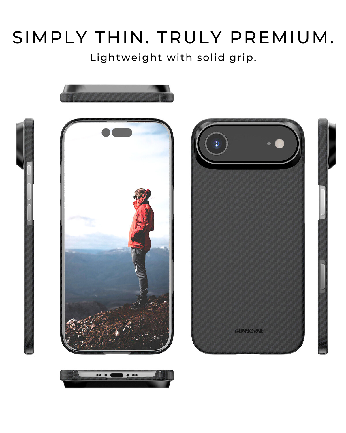  Front and back view of Thinborne iPhone Air case, sleek carbon fiber finish with slim, premium design and solid grip.
