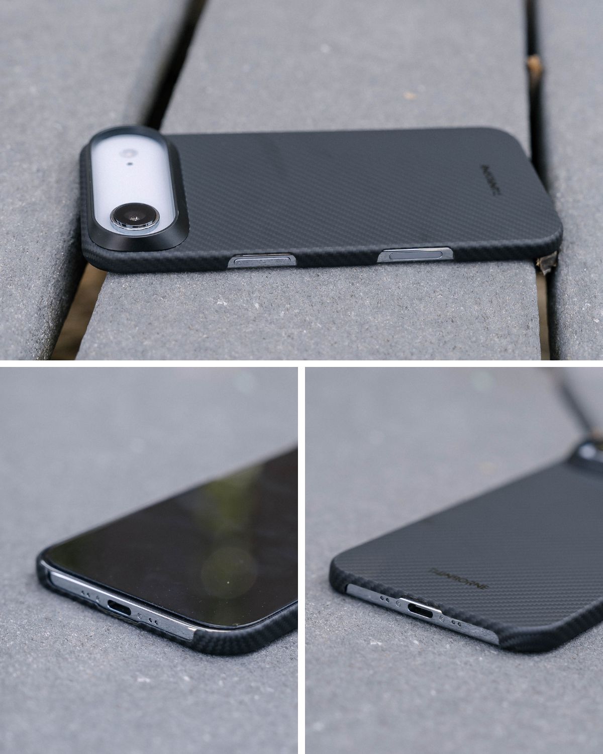 This is a combination of close-up shots showing the phone case from different angles—a side view of the buttons and a bottom view of the speaker and charging port cutouts.