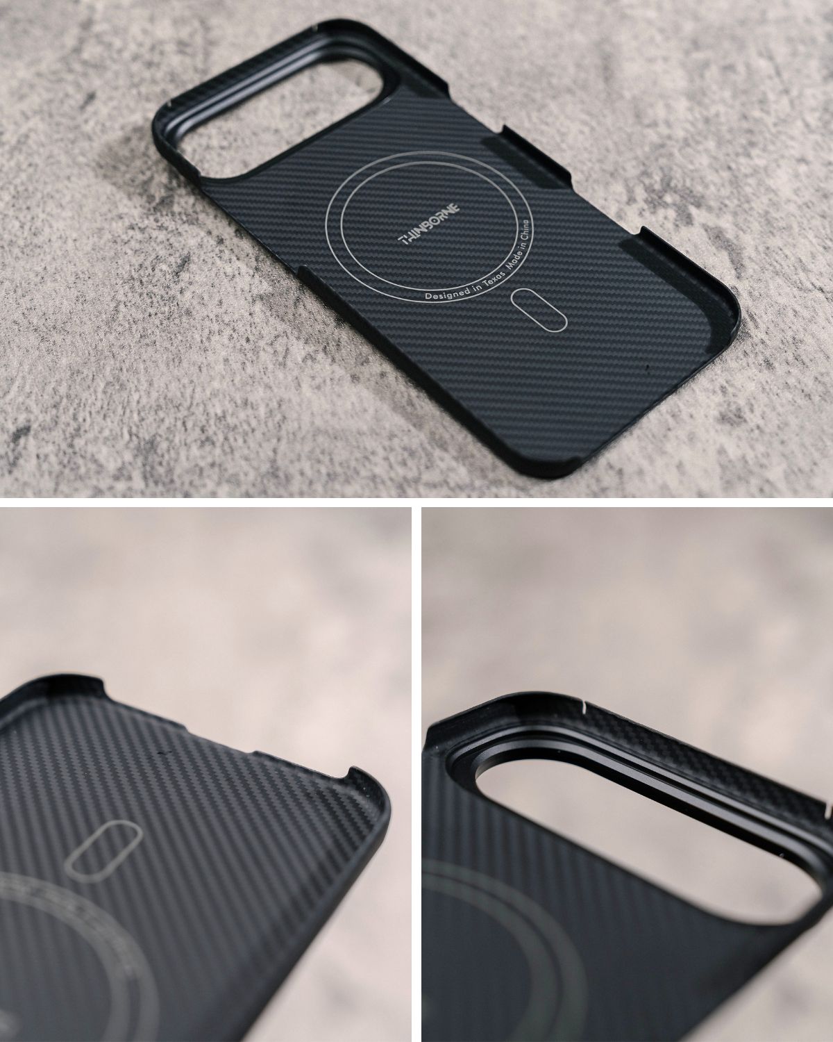 A view of the inside of the case shows a subtle, circular MagSafe pattern and the brand name 