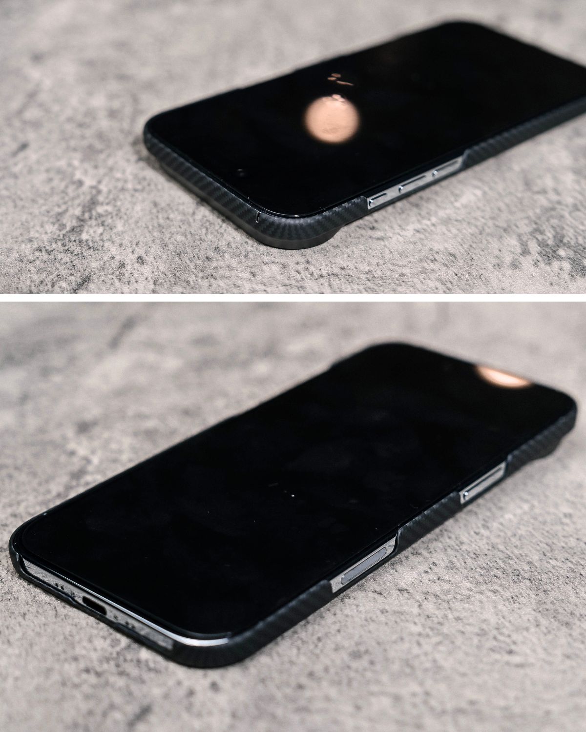 A close-up shot shows the precise cutouts for the speakers and charging port at the bottom of the case