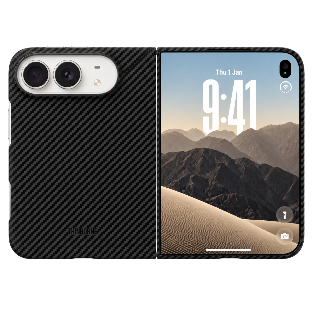 A black carbon fiber iphone duo phone case shown open, with the back on the left and the front screen on the right displaying a mountain wallpaper and the time 9:41.