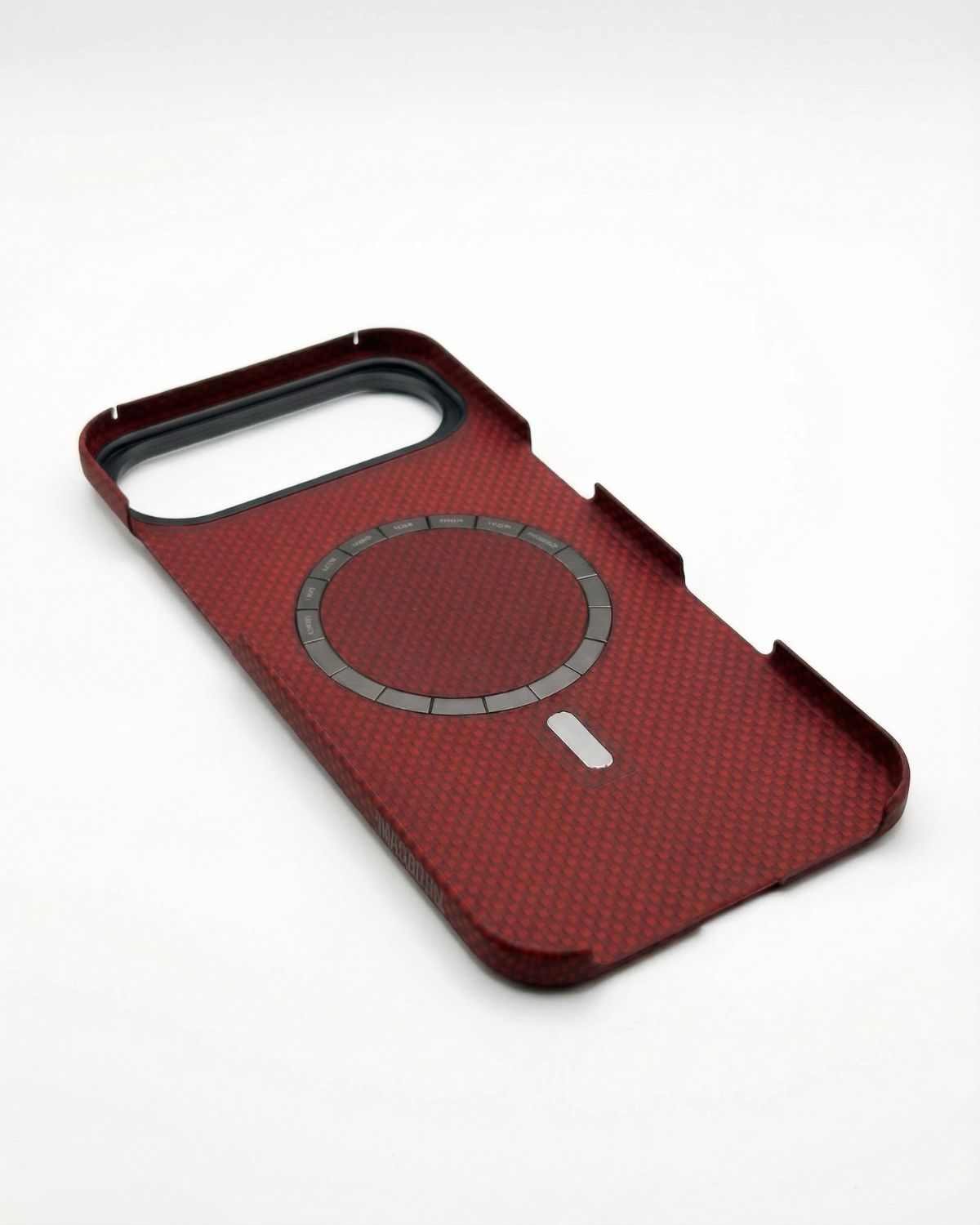Red iphone case with a circular magsafe design on a white background