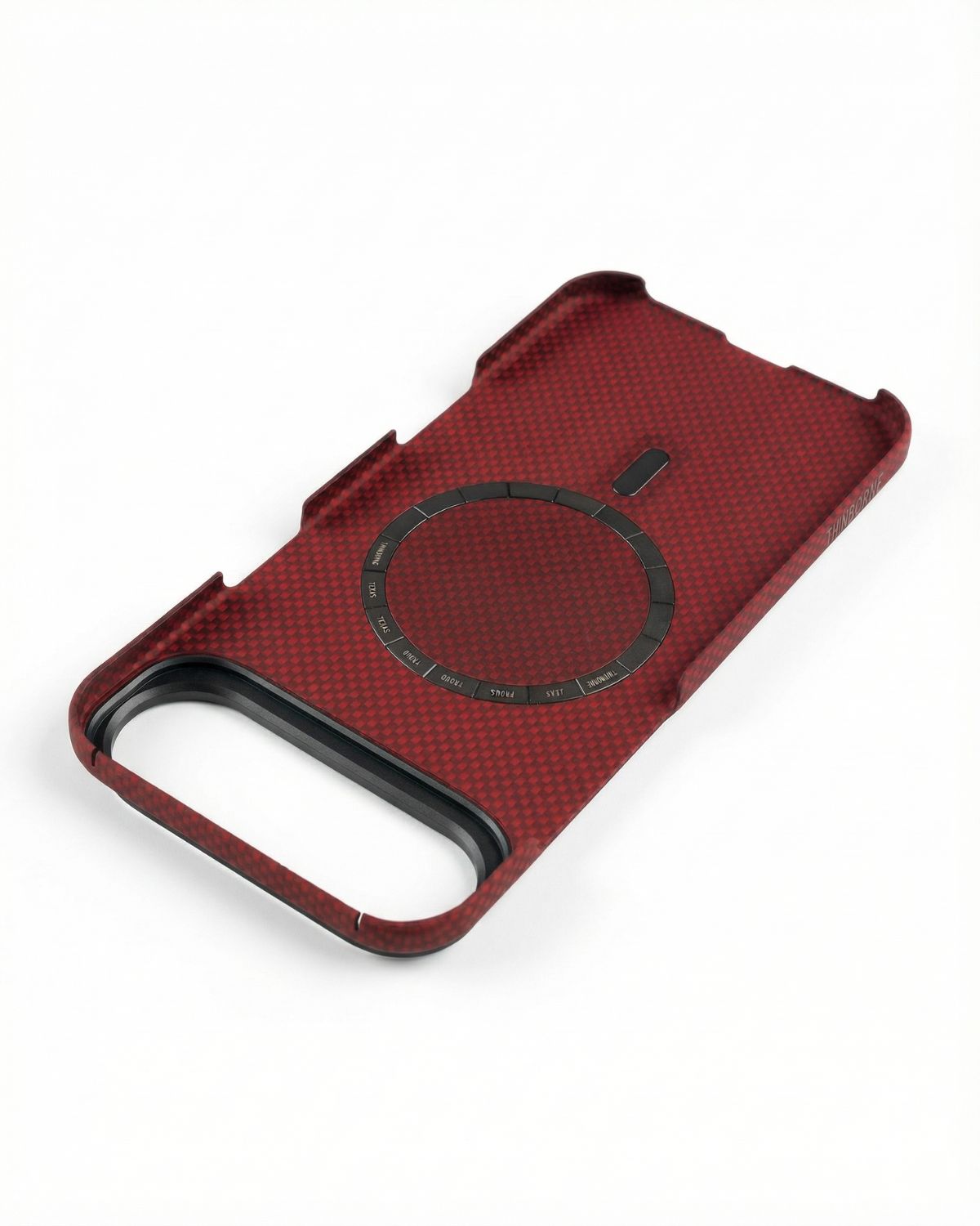 Red iphone case with black circular magnetic array design on a white background