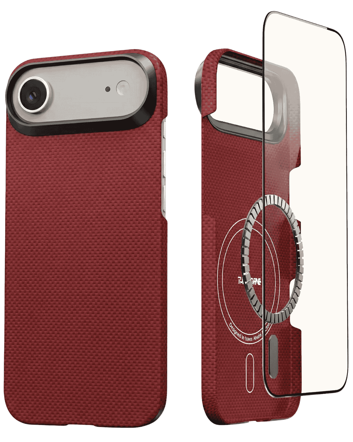 Red iphone air aramid fiber case with screen protector on a white background