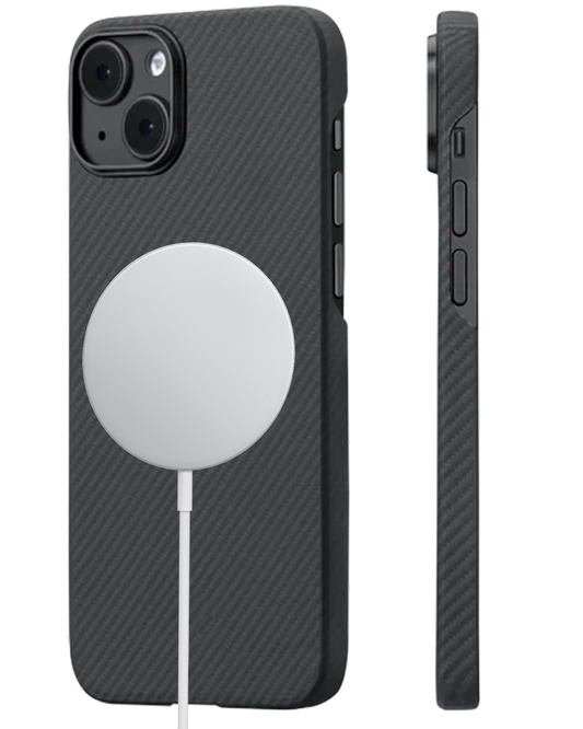 showing iPhone 15 plus aramid fiber case with magsafe charger