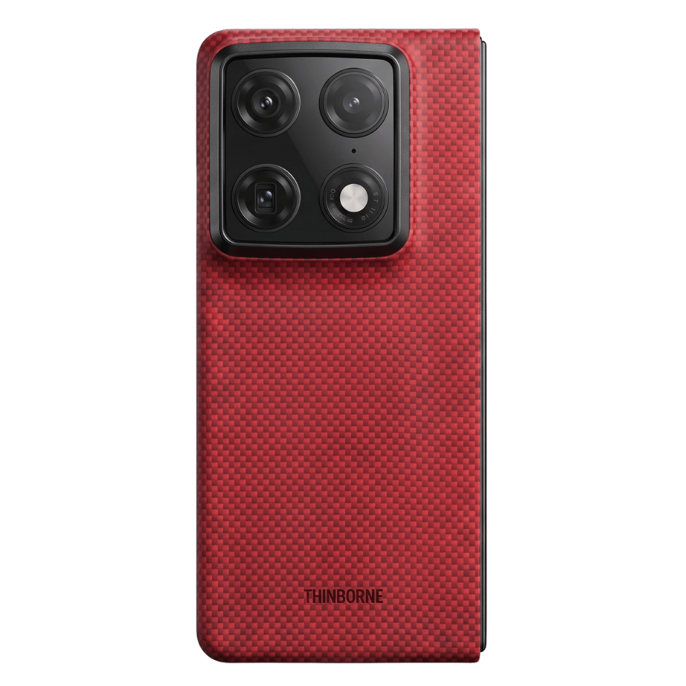 Red textured motorola razr fold case with 'Thinborne' branding on a transparent background