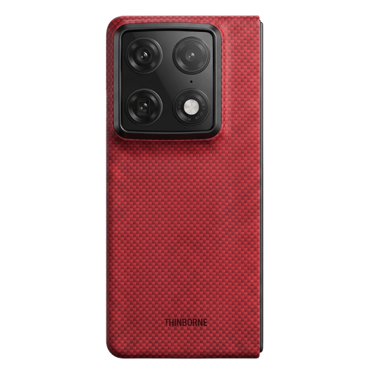 Red textured motorola razr fold case with 'Thinborne' branding on a transparent background