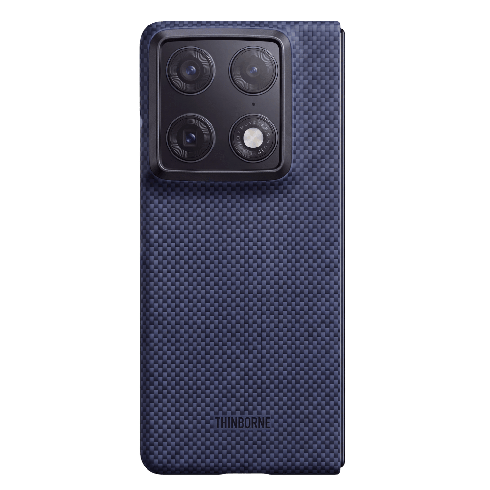 navy textured motorola razr fold case with 'Thinborne' branding on a transparent background