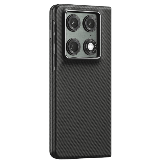 Black carbon fiber motorola razr fold phone case on a clear background