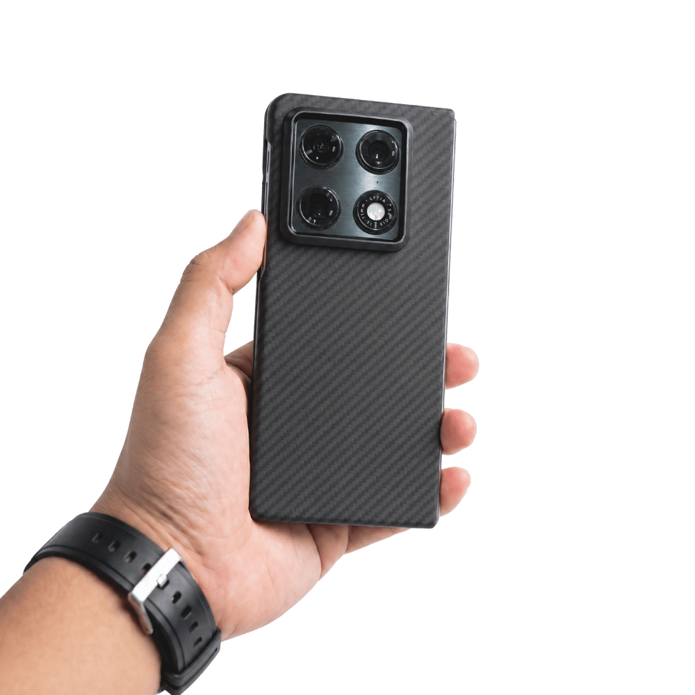 Hand holding a smartphone with a carbon fiber razr fold case on a transparent background