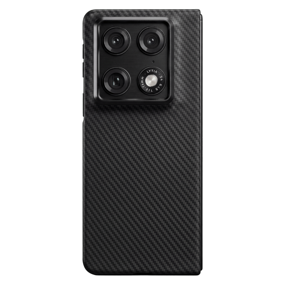 Black carbon fiber motorola razr fold  phone case on a clear background
