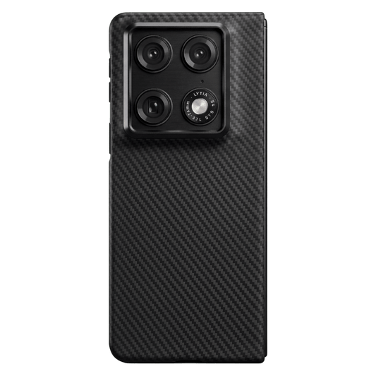 Black carbon fiber motorola razr fold  phone case on a clear background