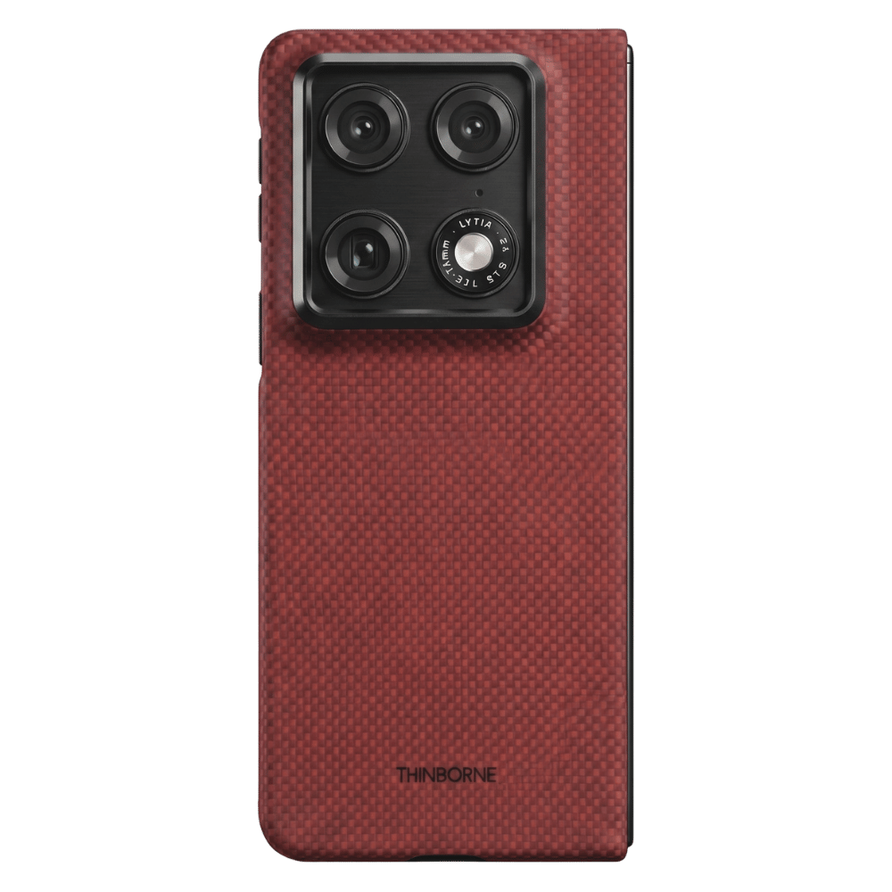 Red textured motorola razr fold case with 'Thinborne' branding on a transparent background