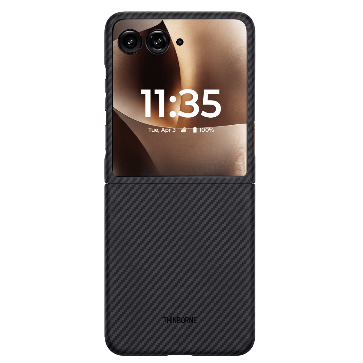 A THINBORNE flip-style motorola razr ultra 2026 case shown closed from the back, featuring a dark carbon-fiber textured pattern. The phone inside displays a lock screen with a brown and gold abstract wallpaper and the time 11:35.