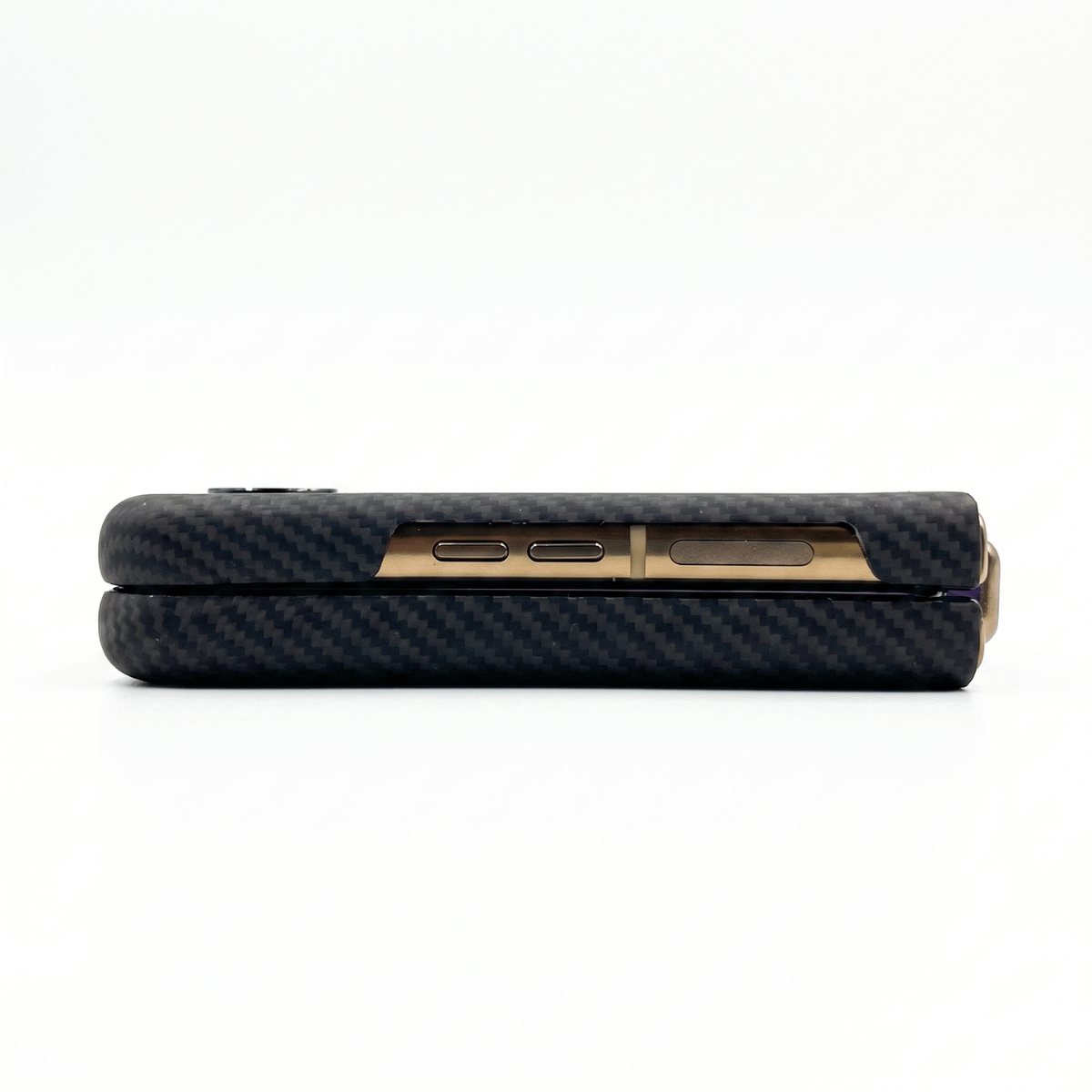 A carbon fiber textured motorola razr ultra 2026  phone case with a gold metallic accent strip along the side, shown from a top-down view on a white background.