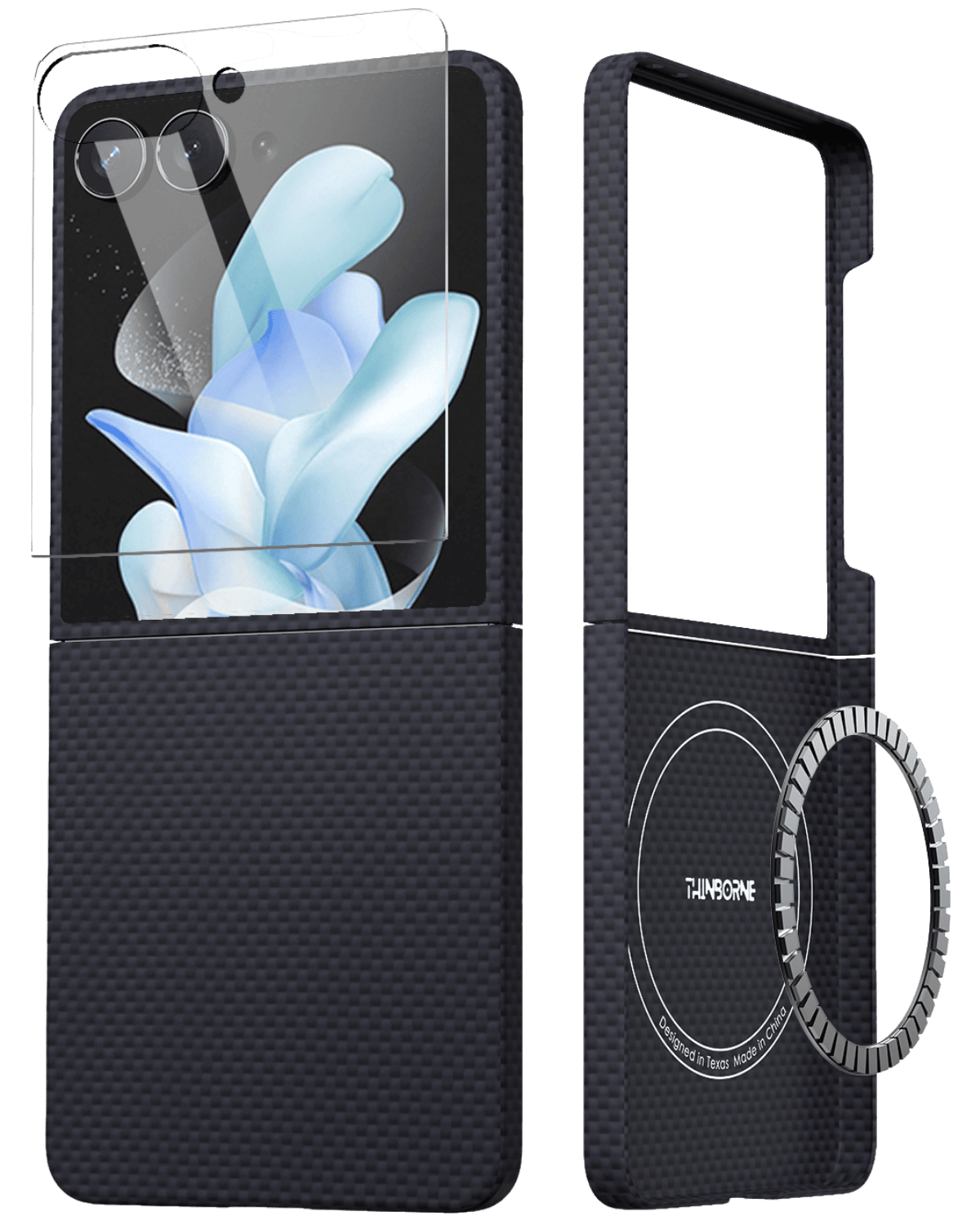 navy galaxy z flip 7 phone case with screen protector and ring stand on a transparent background