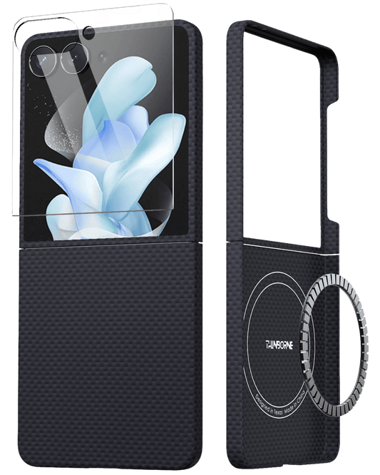 navy galaxy z flip 7 phone case with screen protector and ring stand on a transparent background