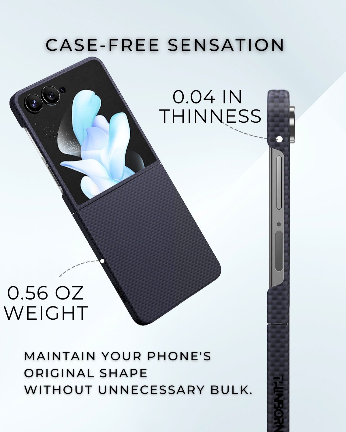 Thin samsung galaxy z flip 7 case phone case with text highlighting its thinness and weight.