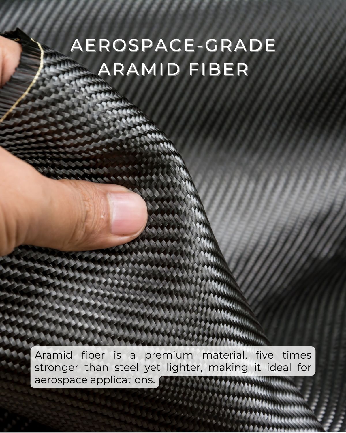 Aerospace-grade aramid fiber with a hand holding it, text highlighting its properties.
