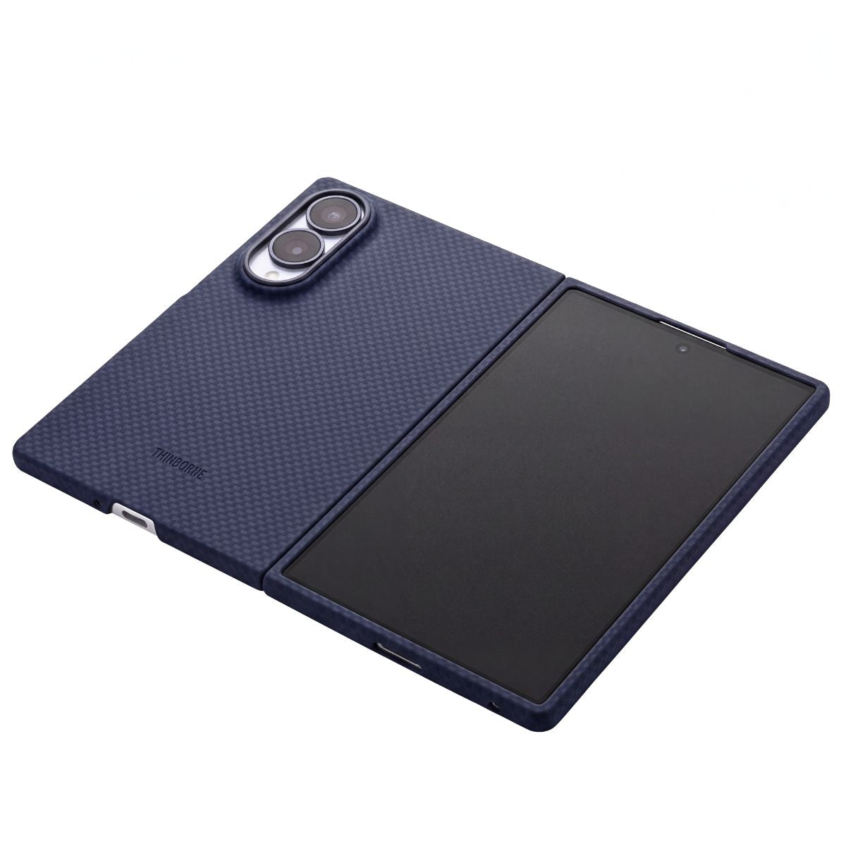A navy blue samsung galaxy z fold 8  case for a folding smartphone, shown partially open on a solid white background. The brand name 'Panasonic' is subtly printed on the textured back cover.