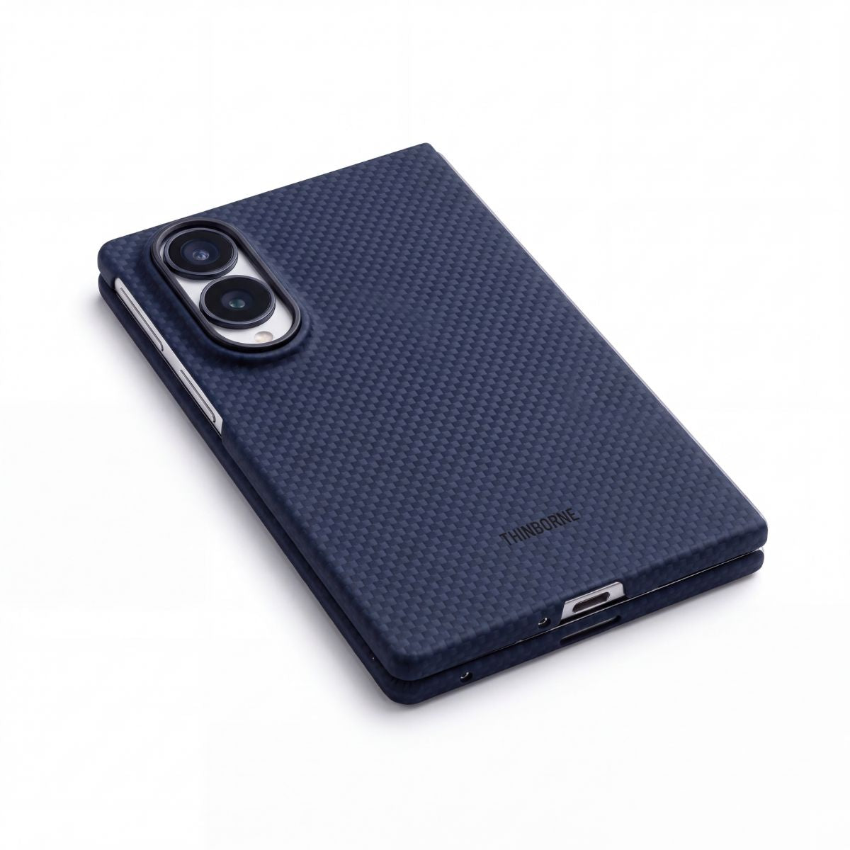 A dark navy blue galaxy z fold 8  phone case with a carbon fiber textured pattern, featuring a precise cutout for a dual-camera system and a small visible NEXPOOR brand logo on the lower right.