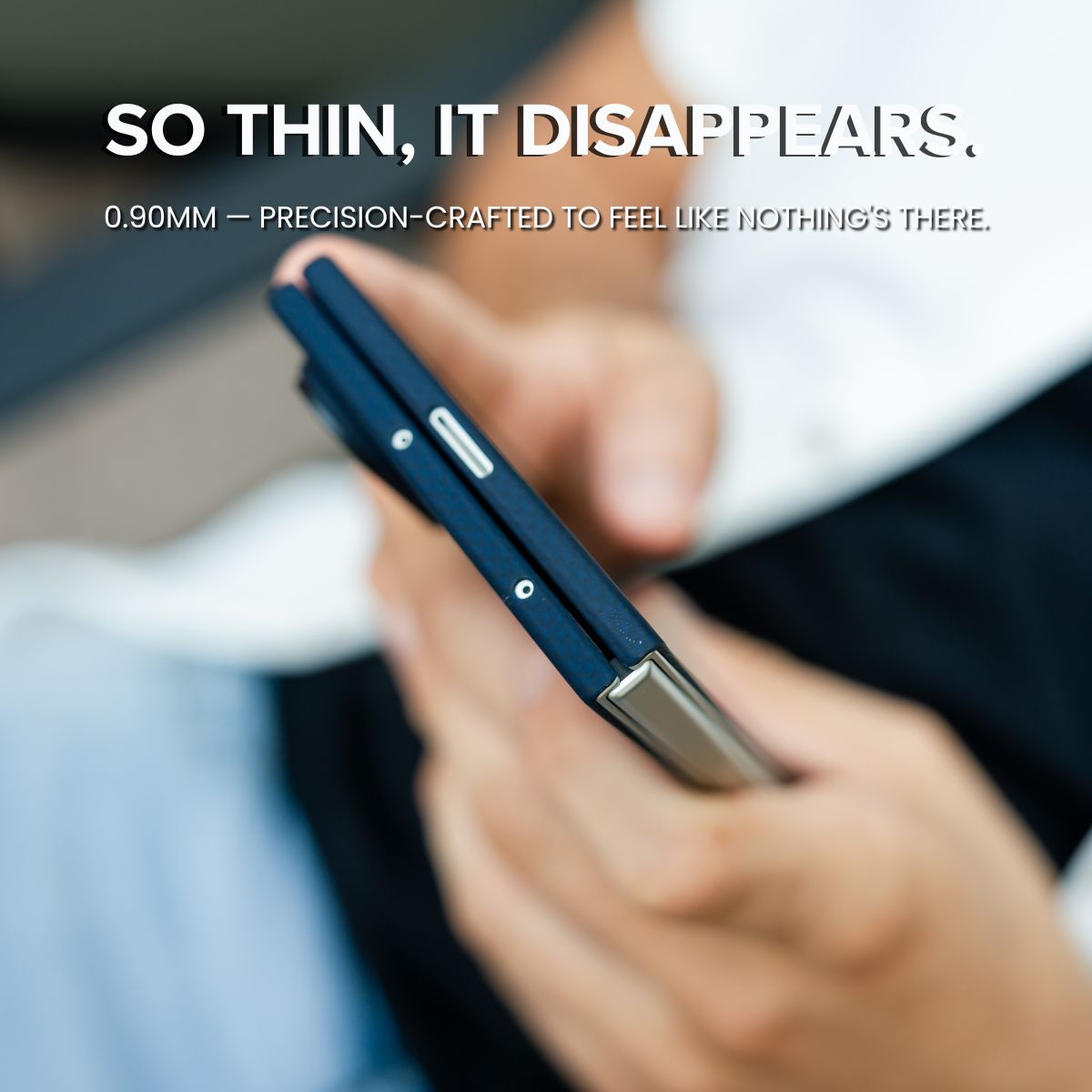 top view of navy aramid fiber galaxy z fold 8 case, to show the crazy thin