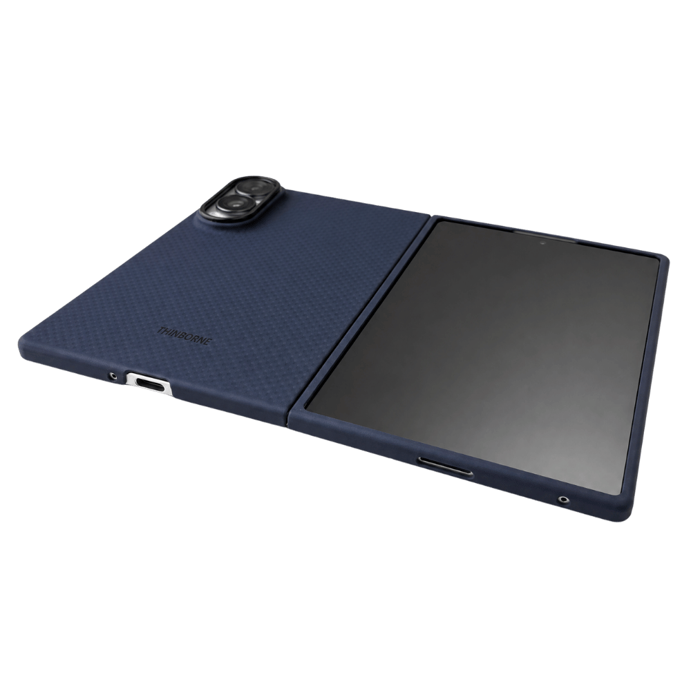 A navy blue samsung galaxy z fold 8  case for a folding smartphone, shown partially open on a solid white background. The brand name 'Panasonic' is subtly printed on the textured back cover.