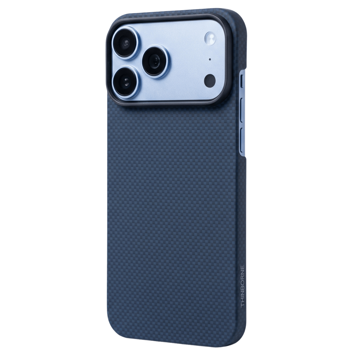 Navy iPhone 18 Pro Max aramid fiber case with carbon fiber texture and raised camera frame, shown from the back.