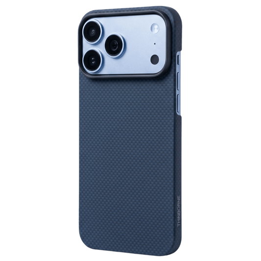 Navy iPhone 18 Pro Max aramid fiber case with carbon fiber texture and raised camera frame, shown from the back.