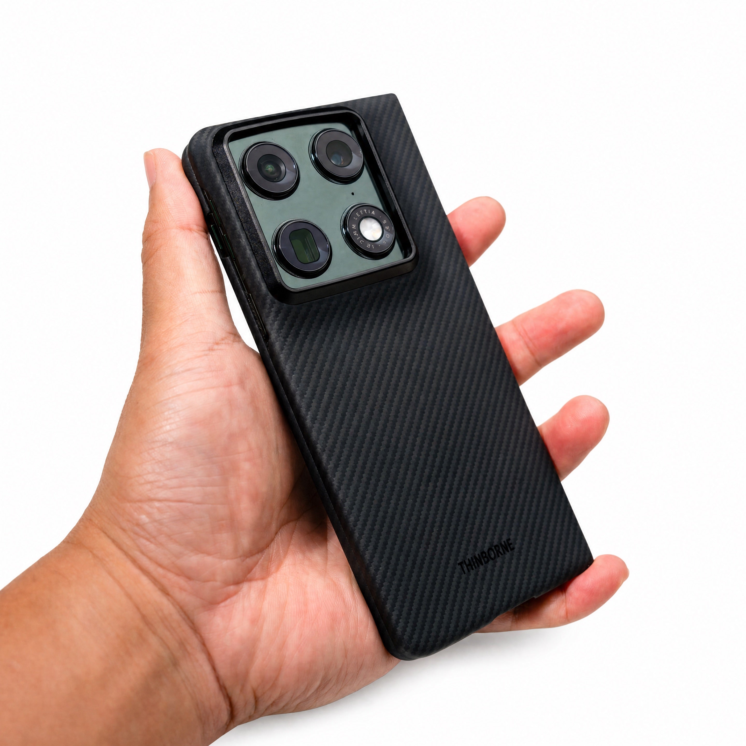 Hand holding a smartphone with a carbon fiber razr fold case on a transparent background
