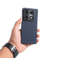 Hand holding a phone with a blue motorola razr fold case against a transparent background