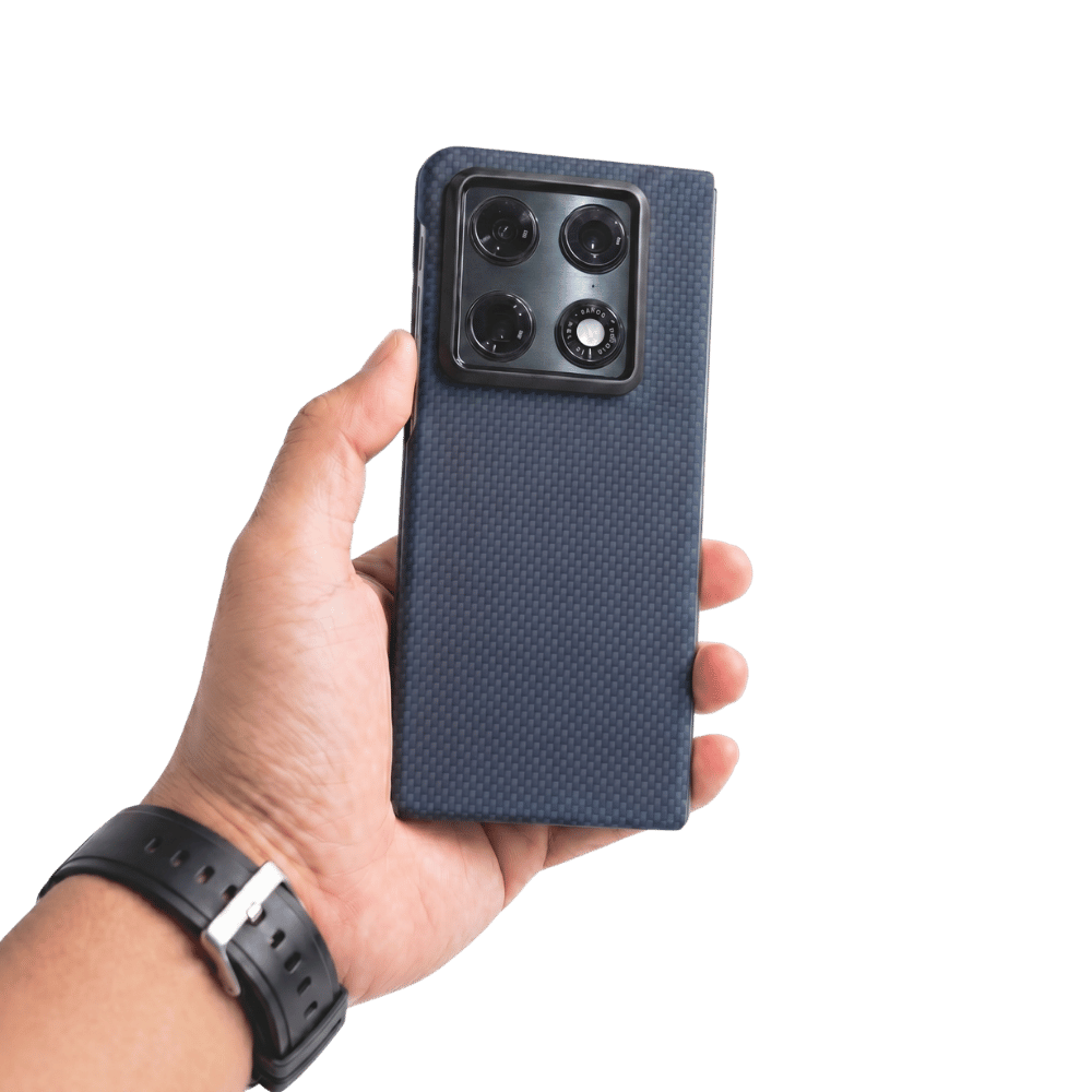 Hand holding a phone with a blue motorola razr fold case against a transparent background