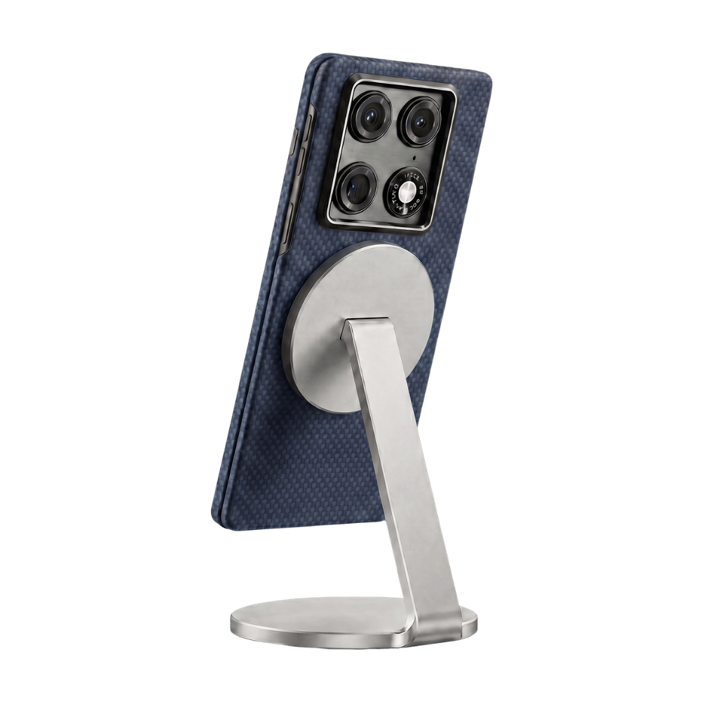 Phone stand with blue motorola razr fold case and silver base on a transparent background