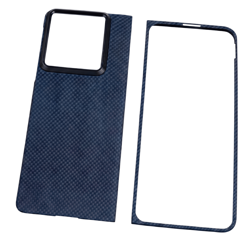 Blue moto razr fold phone case with carbon fiber texture on a transparent background
