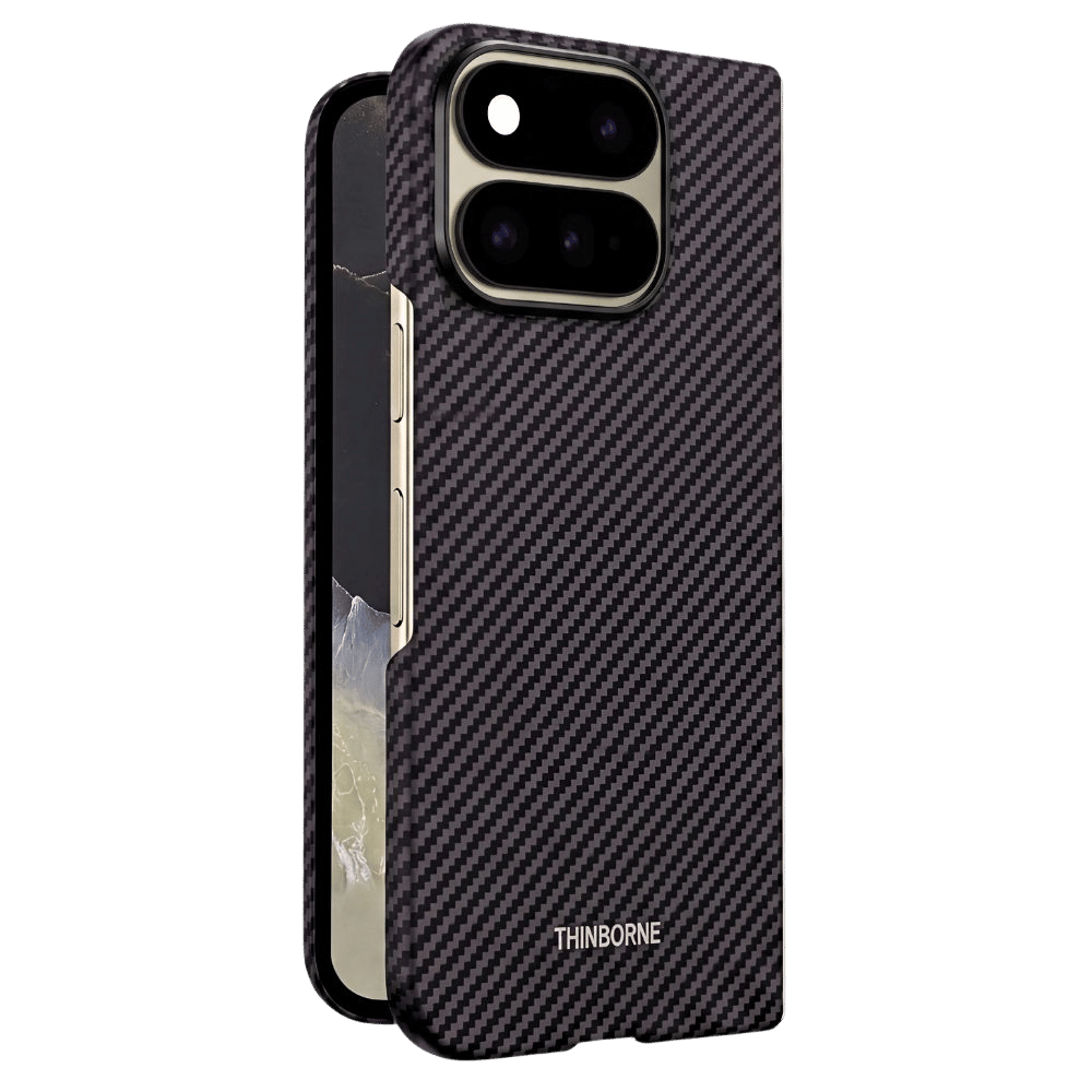 A black carbon fiber Google pixel 11 pro fold phone case with a metallic silver side frame and a white THINBORNE logo near the bottom, shown on a solid green background.
