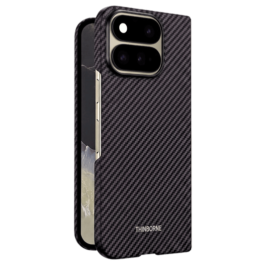 A black carbon fiber Google pixel 11 pro fold phone case with a metallic silver side frame and a white THINBORNE logo near the bottom, shown on a solid green background.