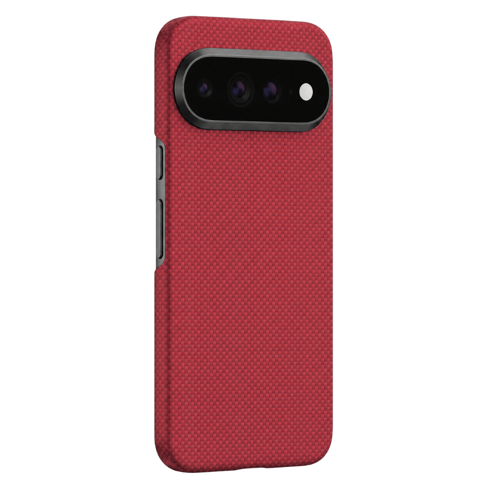 Pixel 11 pro xl with red aramid fiber case stand in clear background