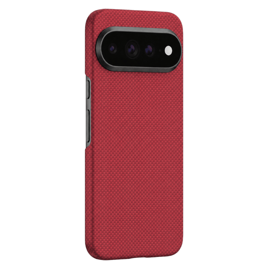 Pixel 11 pro xl with red aramid fiber case stand in clear background