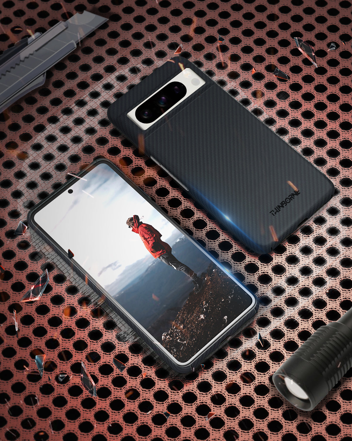 showing front and back of the aramid fiber pixel 8 pro case