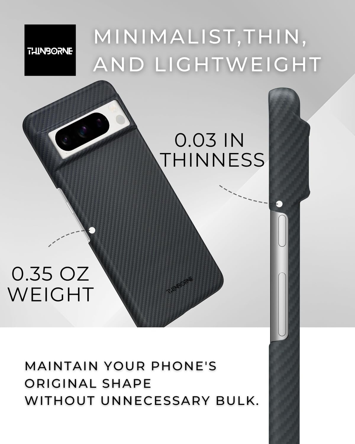 showing the minimal, thin and lightweight of thinborne aramid fiber pixel 8 pro case